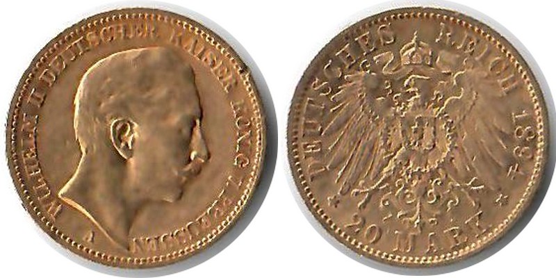 Preussen, Kaiserreich MM-Frankfurt Feingewicht: 7,17g Gold 20 Mark 1894 A sehr schön (kl. Randfehler)
