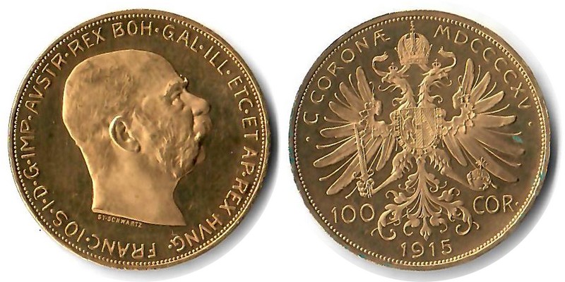 Österreich MM-Frankfurt Feingewicht: 30,49g Gold 100 Kronen 1915 vorzüglich