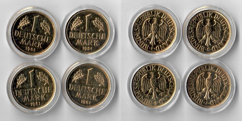  Deutschland  4x 1 DM Kursmünzen vergoldet  1981 JDFG  FM-Frankfurt    Stempelglanz   