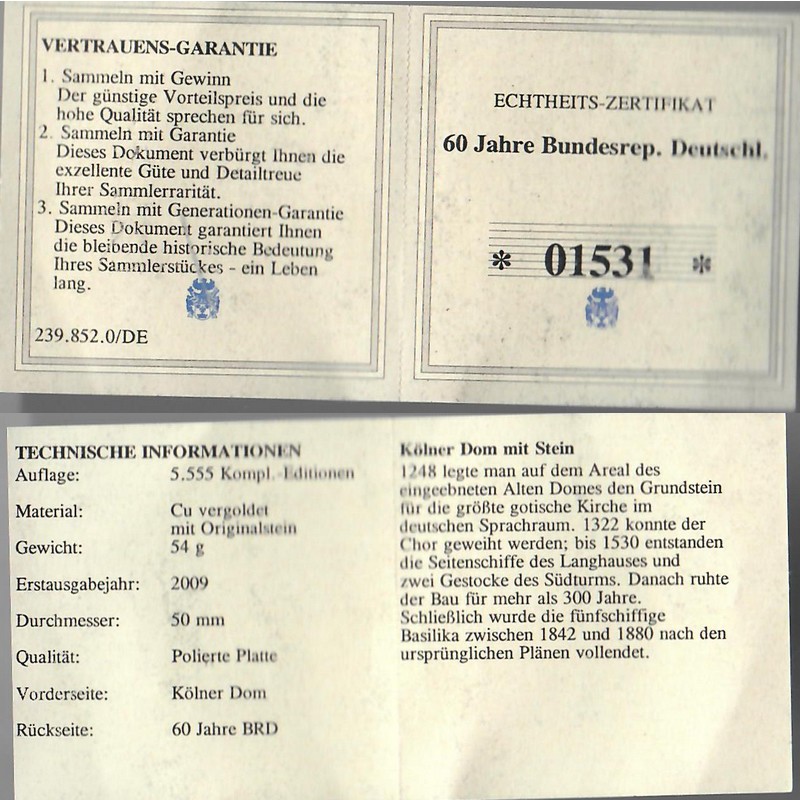  Medaille '60 J. Bundesrep. Deutschland' Kölner Dom   FM-Frankfurt Gewicht: 54g  vorzüglich   