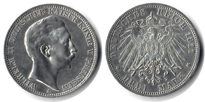  Preussen, Kaiserreich  3 Mark  1911 A  FM-Frankfurt Feingewicht: 15g Silber vorzüglich   