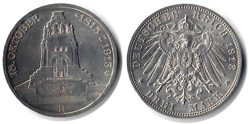  Sachsen, Kaiserreich  3 Mark  1913 E FM-Frankfurt Feingewicht: 15g Silber  sehr schön   