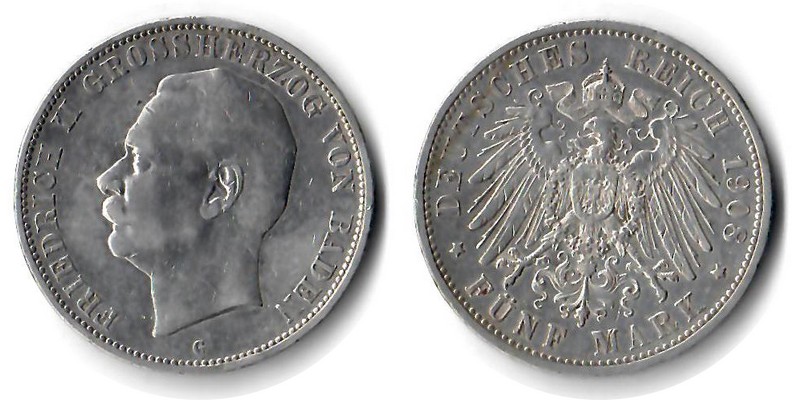  Baden, Kaiserreich  5 Mark  1908 G  FM-Frankfurt Feingewicht: 25g Silber sehr schön   