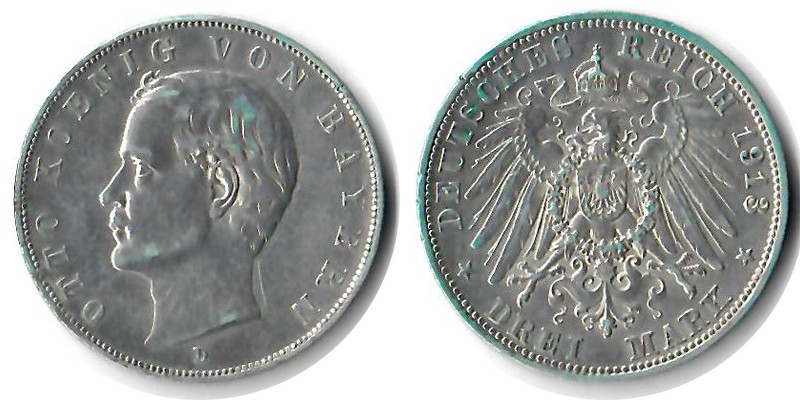  Bayern, Kaiserreich  3 Mark  1913 D  FM-Frankfurt Feingewicht: 15g Silber sehr schön   