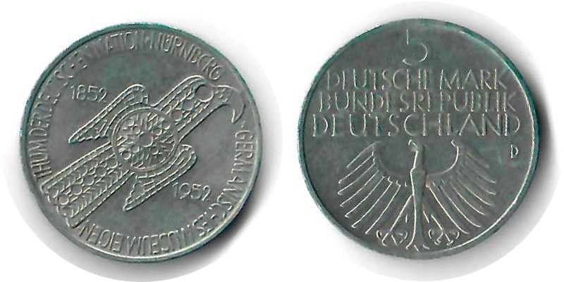  BRD  5 DM  1952 D  FM-Frankfurt Feingewicht: 7g Silber sehr schön  'Germanisches National-Museum'   