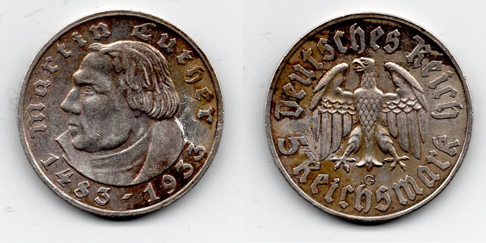  Deutschland, Drittes Reich  5 Reichsmark  1933    FM-Frankfurt  Feingewicht: 12,49g Silber ss   