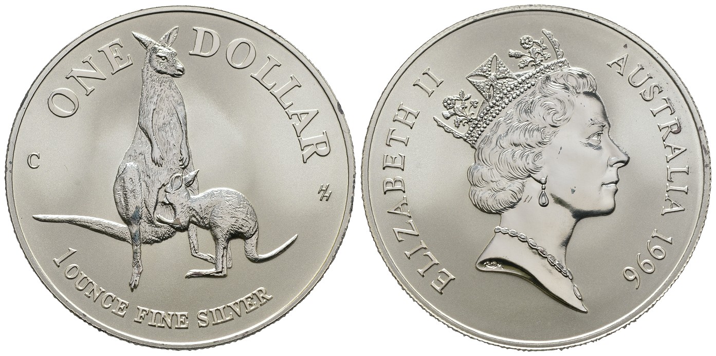 PEUS 7752 Australien 31,1 g Feinsilber. Känguru mit Kind Dollar SILBER 1996 C Uncirculated (in Kapsel)