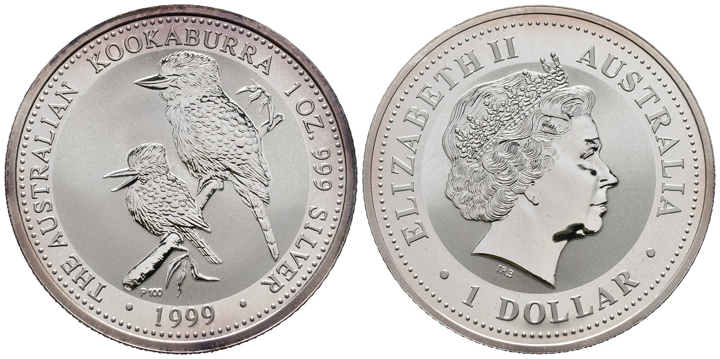 PEUS 7755 Australien 31,1 g Feinsilber. Zwei Kookaburra auf Ast Dollar SILBER Unze 1999 P100 Uncirculated (in Originalkapsel)