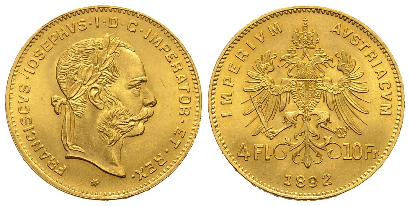 PEUS 7763 Österreich 2,90 g Feingold 4 Gulden (off.NP) GOLD 1892 Stempelglanz