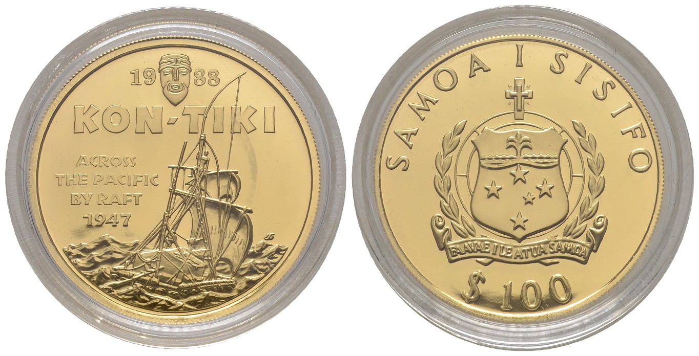 PEUS 7769 Samoa 6,75 g Feingold. Kon-Tiki nur 1.500 Exemplare! 100 Tala GOLD 1988 Proof (in Kapsel)
