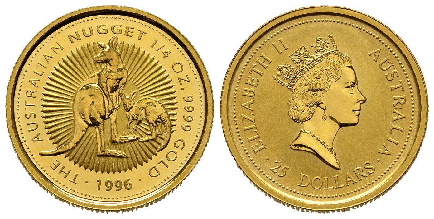 PEUS 7771 Australien 7,78 g Feingold. Känguru 25 Dollars GOLD 1/4 Unze 1996 Uncirculated (in Originalkapsel)