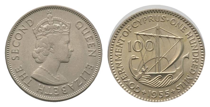  Medaille-Schifffahrt; , Cyprus 1955, 100 Mils, Ø 28,5 mm; 11,29 g; Cu-Ni   