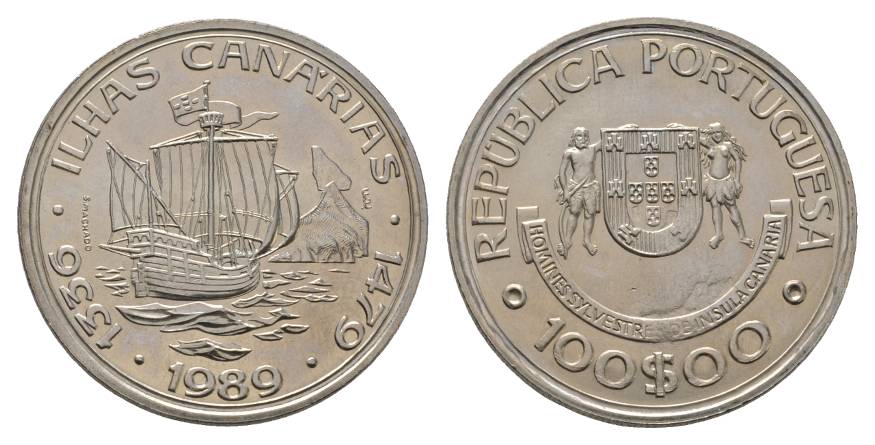  Schifffahrtsmünze; Portugal, 100 Escudos 1989, Entdeckung der kanarischen Inseln   