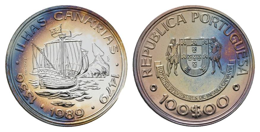  Schifffahrtsmünze; Portugal 100 Escudos 1989, Entdeckung der kanarischen Inseln,AG, 20,69 g, Ø 34 mm   