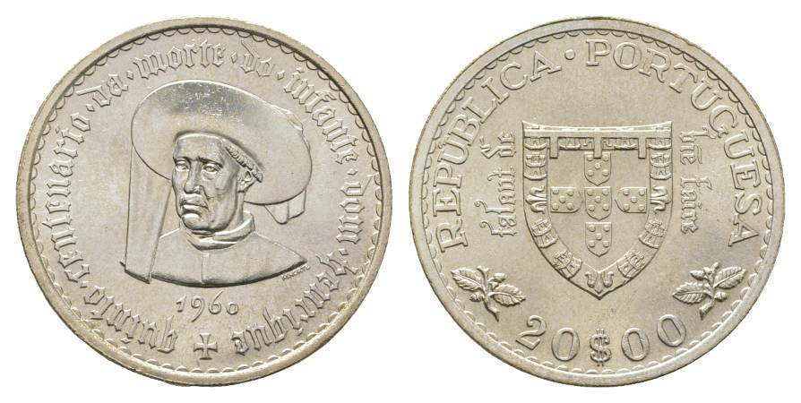  Portugal 20 Escudo 1960; AG, 20,95 g, Ø 34 mm   