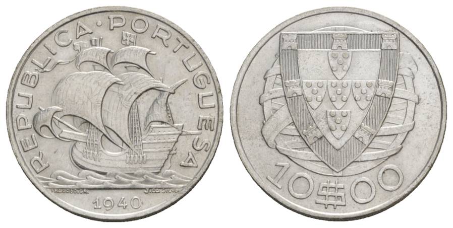  Schifffahrtsmünze; Portugal 10 Escudo 1940; AG, 12,57 g, Ø 30 mm   