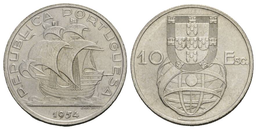  Schifffahrtsmünze; Portugal 10 Escudo 1954; AG, 12,59 g, Ø 30 mm   