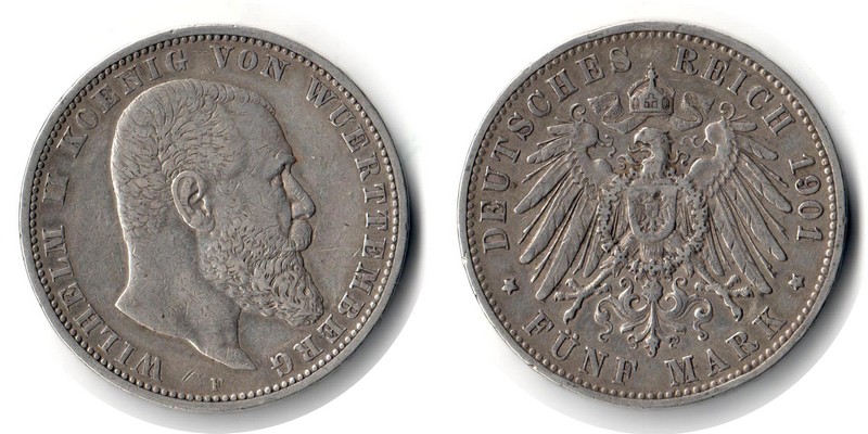  Württemberg, Kaiserreich  5 Mark  1901 F FM-Frankfurt Feingewicht: 25g Silber  sehr schön   