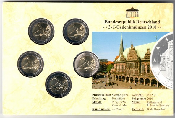  Deutschland  2-Euro-Gedenkmünzenset 2010, Serie: <i>Bundesländer</i>, Bremen FM-Frankfurt  stempelgl   