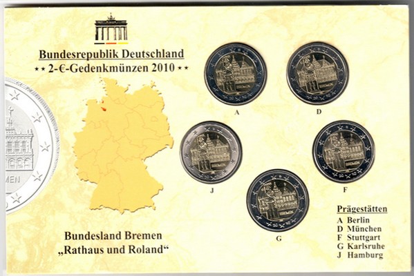  Deutschland  2-Euro-Gedenkmünzenset 2010, Serie: <i>Bundesländer</i>, Bremen FM-Frankfurt  stempelgl   