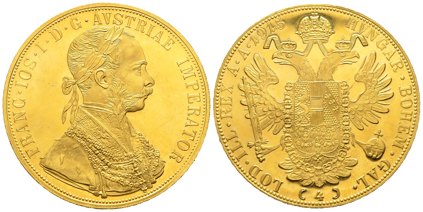 PEUS 7775 Österreich 13,76 g Feingold. Franz Joseph I. (1848 - 1916) 4 Dukaten (off.NP) GOLD 1915 Vorzüglich / Stempelglanz