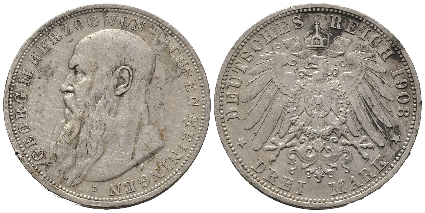 PEUS 7784 Kaiserreich, Sachsen-Meiningen Georg II. (1866 - 1914) 3 Mark 1908 D Kl. Kratzer + Randfehler, sehr schön