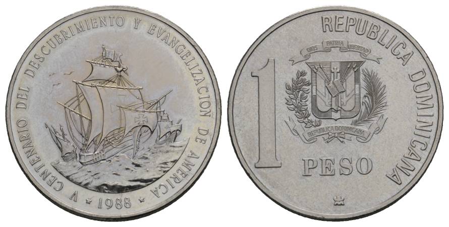  Schifffahrtsmünze; Dominikanische Republik 1 Peso 1988; Cu-Ni, 19,93 g, Ø 34 mm   