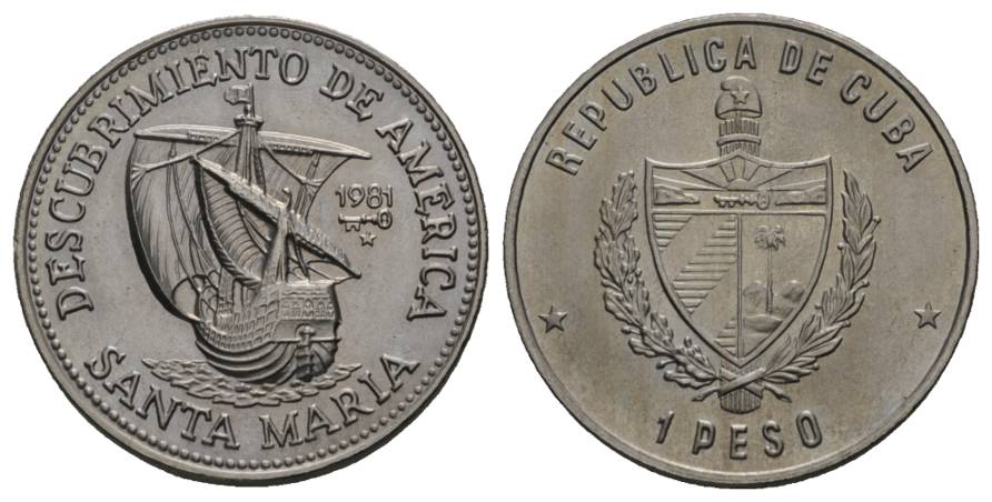  Schifffahrtsmünze; Kuba 1 Peso 1981; Cu-Ni, 11,81 g, Ø 30 mm   