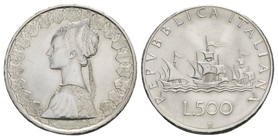  Schifffahrtsmünze-Kolumbusflotte; Italien 500 Lire; AG, 11,00 g, Ø 29 mm   