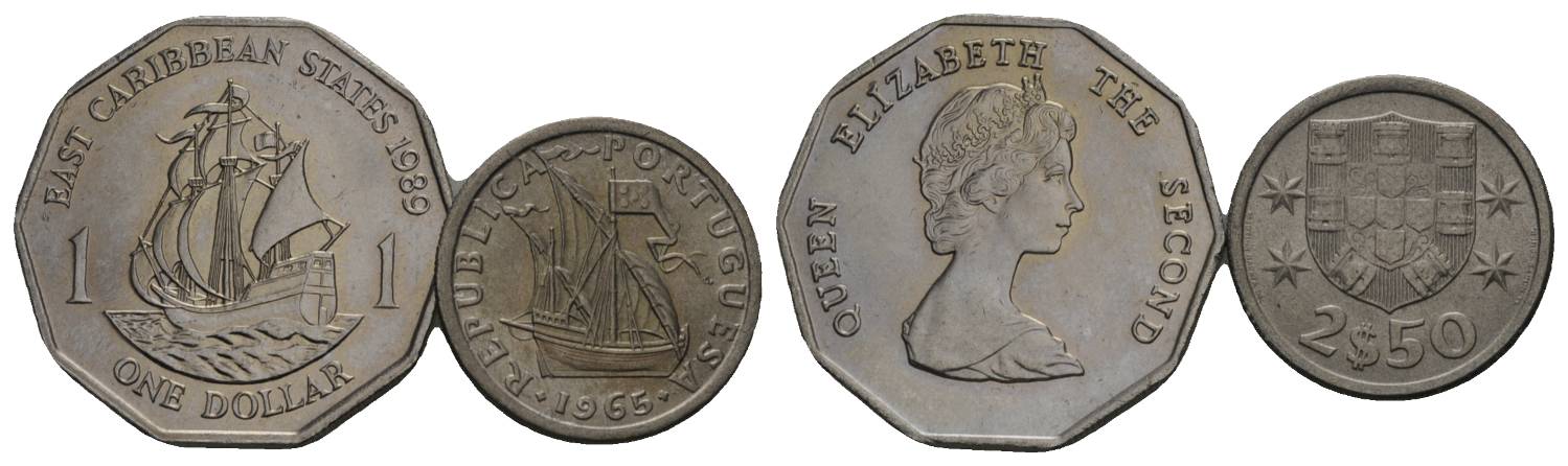  Schifffahrtsmünzen; Karibik/Portugal, 2 Kleinünzen Cu-Ni   