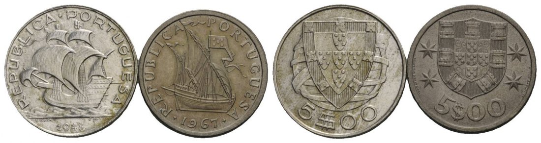  Schifffahrtsmünzen; Portugal; 2 Kleinmünzen 1967/1948, Cu-Ni/AG   