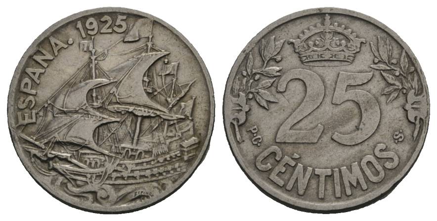  Schifffahrtsmünze; Spanien 1925; 25 Cents; Cu-Ni, 7,12 g, Ø 25 mm   