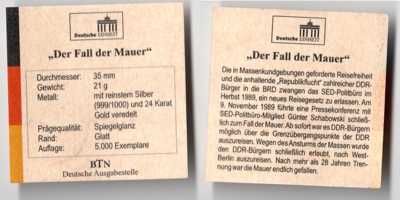  Deutschland, FM-Frankfurt Gewicht: 21g  versilbert Teilvergoldet  pp  Der Fall der Mauer   