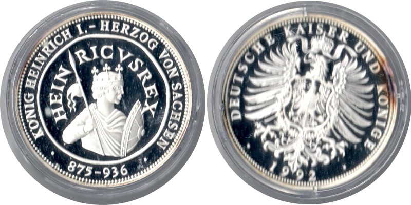  Deutschland Medaille 1992 FM-Frankfurt Feingewicht: 20g Silber PP König Heinrich I. Herzog v Sachsen   