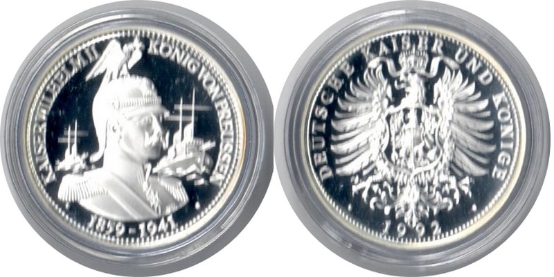  Deutschland Medaille 1992 FM-Frankfurt Feingewicht: 15g Silber PP Wilhelm II. König von Preussen   