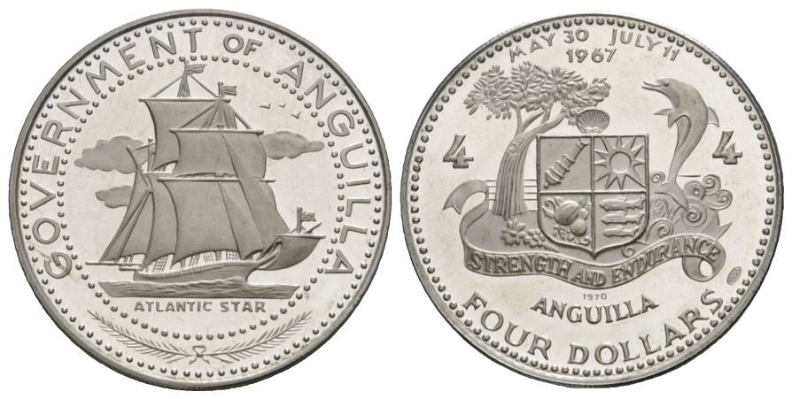 Schifffahrtsmünze, Anguilla, 4 Dollars 1970, Atlantic Star, AG; 28,47 g; Ø 40 mm   