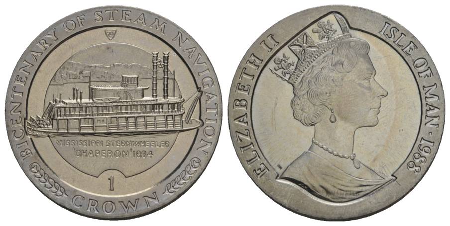  Schifffahrtsmünze; Isle of man, 1 Crown 1988; Cu-Ni, 28,43 g, Ø 39 mm   