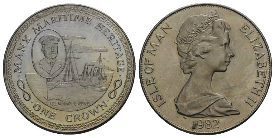  Schifffahrtsmünze; Isle of man, 1 Crown 1982; Cu-Ni, 28,50 g, Ø 38,5 mm   