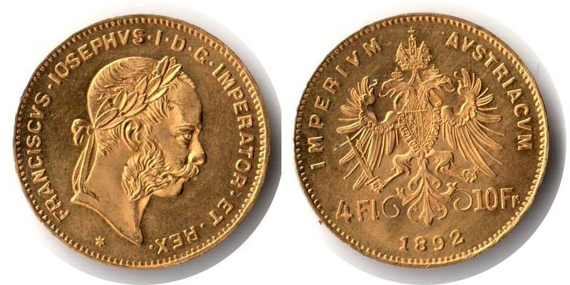 Österreich MM-Frankfurt Feingewicht: 2,9g Gold 4 Florin - 10 Francs 1892 sehr schön