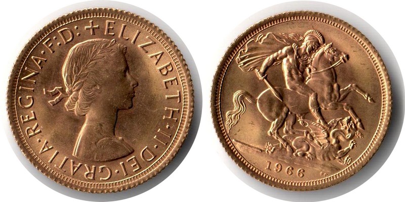 Grossbritannien MM-Frankfurt Feingewicht: 7,32g Gold Sovereign 1966 vorzüglich