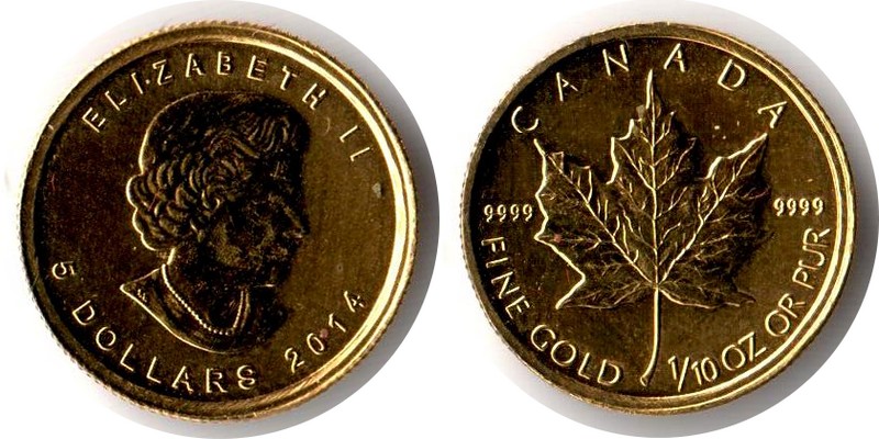 Kanada MM-Frankfurt Feingewicht: 3,11g Gold 5 Dollar 'Maple Leaf' 2014 vz