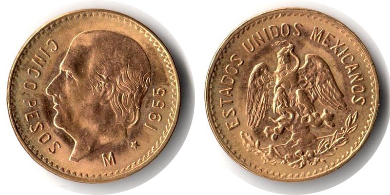 Mexiko MM-Frankfurt Feingewicht: 3,75g Gold 5 Pesos 1955 vorzüglich