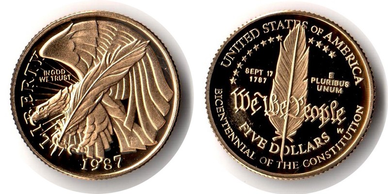 USA MM-Frankfurt  Feingewicht: 7,52g Gold 5 Dollars 1987 Constitution Bicentennial PP