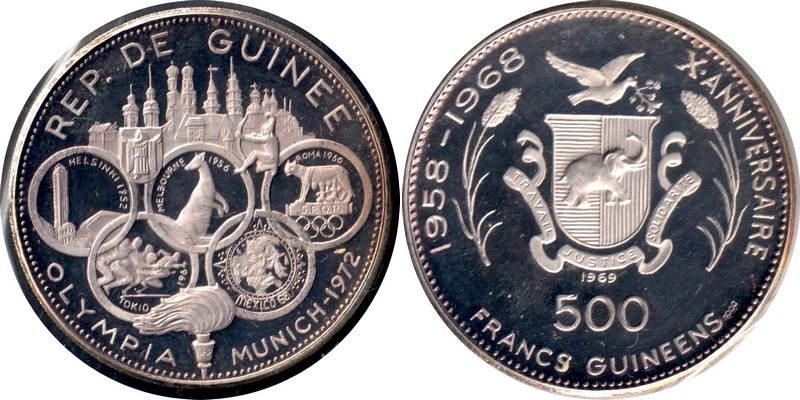  Guinea  500 Francs  1969  FM-Frankfurt  Feingewicht: 29,08g  Silber  PP   