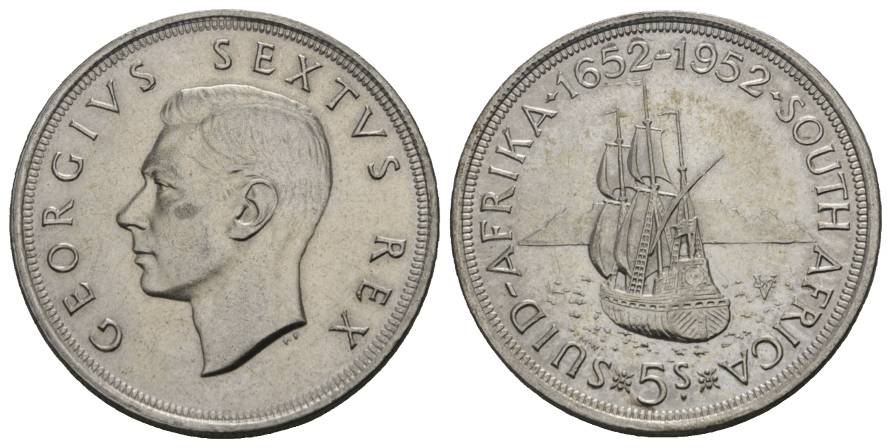  Schifffahrtsmünze; Südafrika, 5 Shillings 1952; AG, 28,34 g, Ø 38,8 mm   