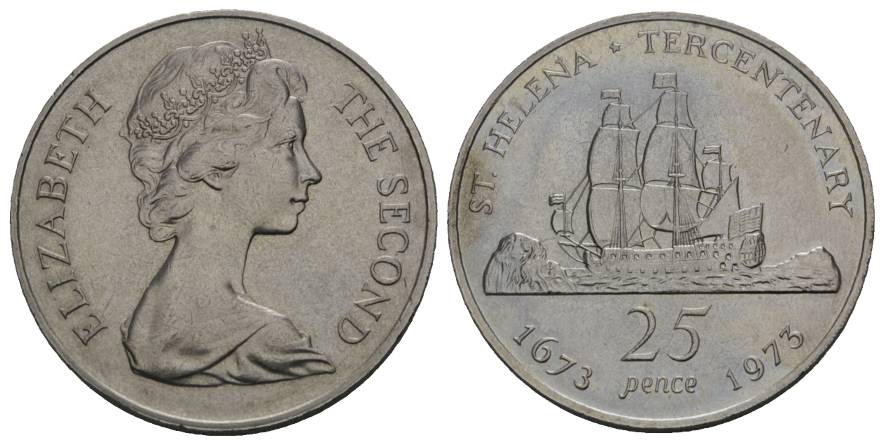  Schifffahrtsmünze; St. Helena 25 Pence 1973; Cu-Ni, 28,29 g, Ø 38,5 mm   
