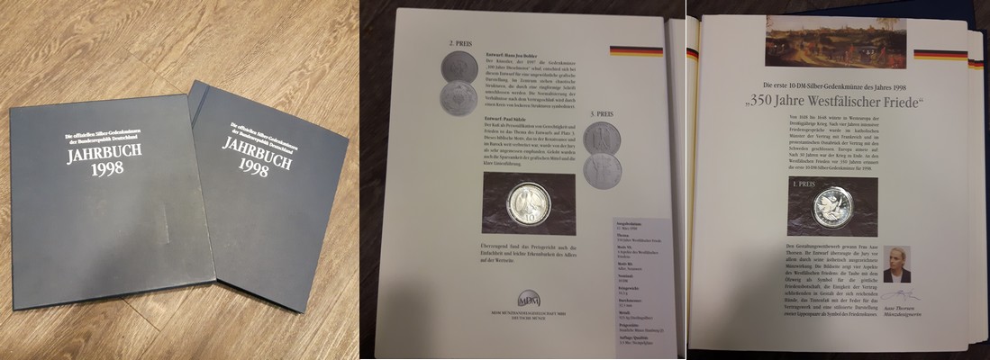  Deutschland Jahrbuch 1998 4 x 10 DM (Gedenkmünzen)  FM-Frankfurt  Feingewicht: 57,36g Silber vz   