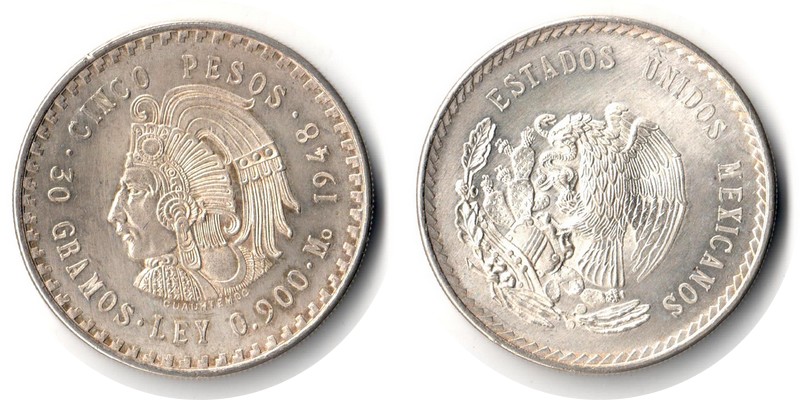  Mexiko  5 Pesos  1948  FM-Frankfurt  Feingewicht: 27g  Silber  sehr schön / vorzüglich   