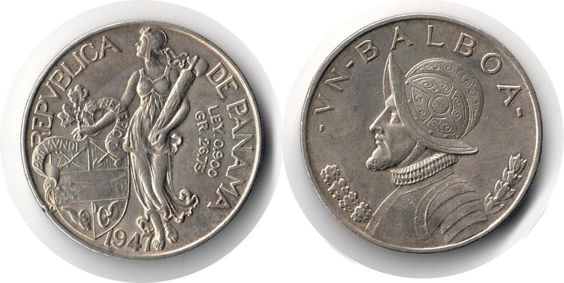  Panama  1 Balboa  1947  FM-Frankfurt  Feingewicht: 24,98g  Silber sehr schön   