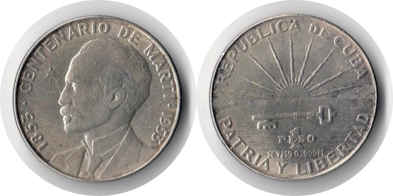 Kuba  1 Peso  1953  FM-Frankfurt  Feingewicht: 24,07g  Silber  ss  Cenntenial of Jose Marti   